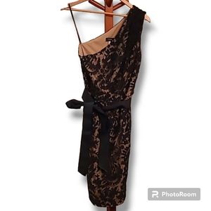 Tadashi Shoji One Shoulder Black Lace Nude Illusion Mini Dress